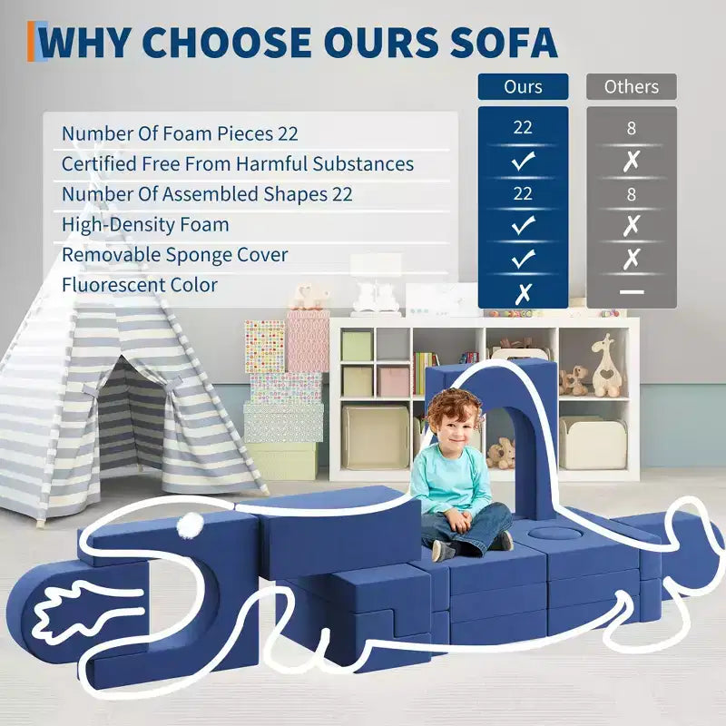 Garvee 22-Piece Modular Kids Sofa, Convertible Foam Couch for Bedroom & Playroom, 2-Seat SofaCreative, Comfy, and Customizable