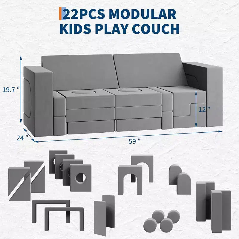 Garvee 22-Piece Modular Kids Sofa, Convertible Foam Couch for Bedroom & Playroom, 2-Seat SofaCreative, Comfy, and Customizable
