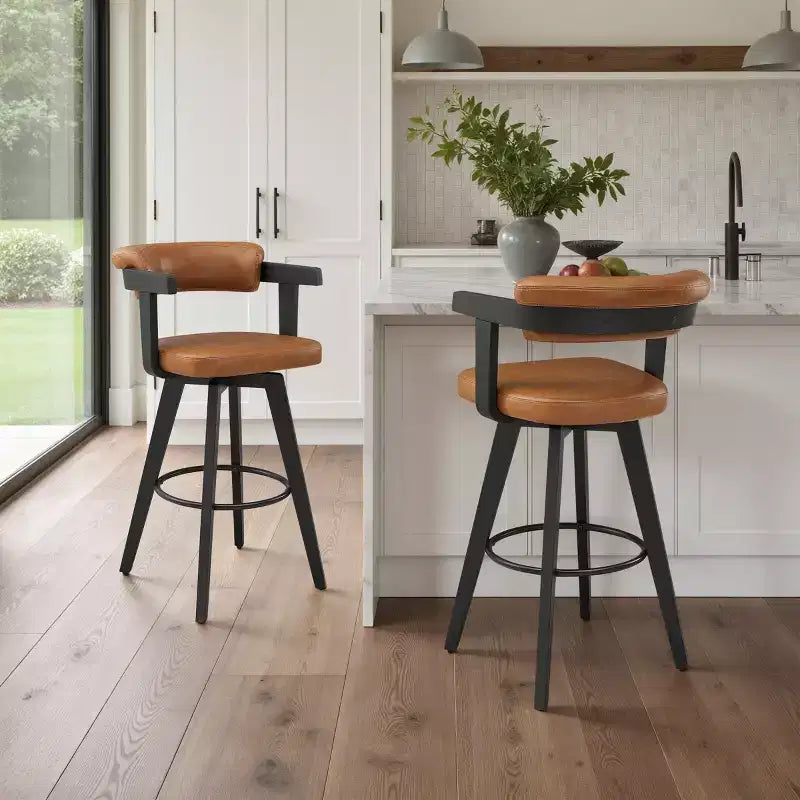 Art Leon Set of 2 Faux Leather Upholstered Swivel Barstool With Solid Wood Frame