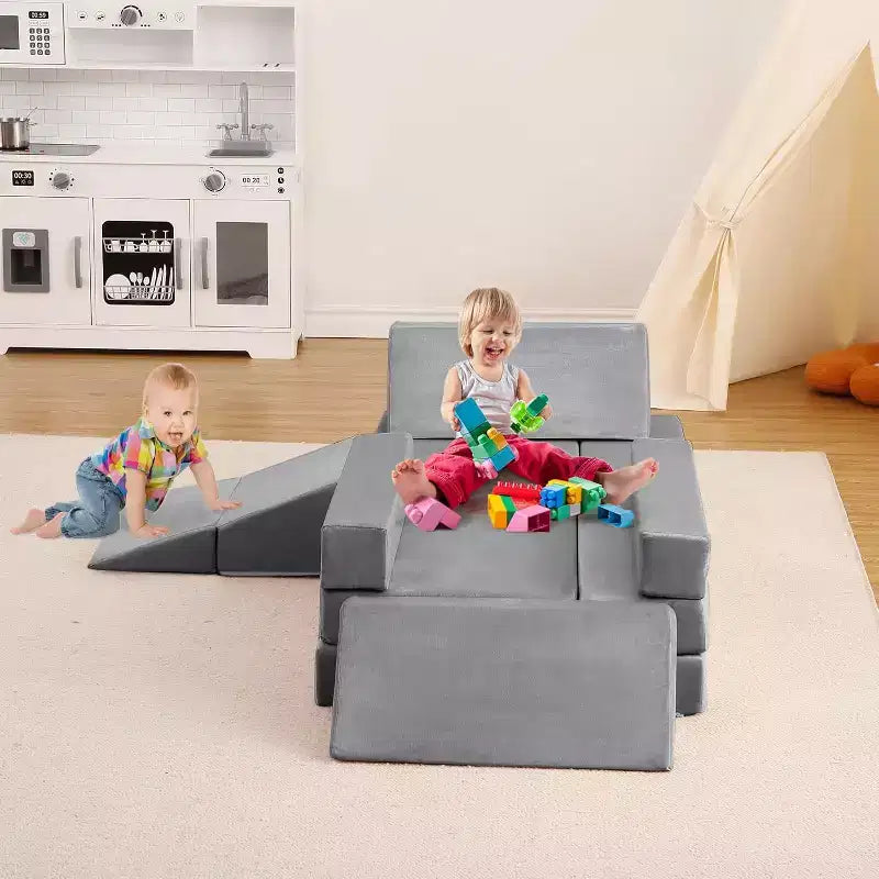 Climbing Indoor Sofa, 12 Pcs Modular Play Couch with Square Ball Pit & Climbing Slope, Cushion Play Set