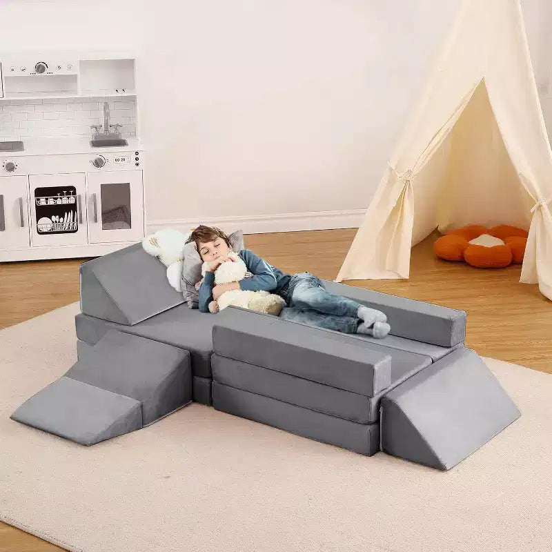 Climbing Indoor Sofa, 12 Pcs Modular Play Couch with Square Ball Pit & Climbing Slope, Cushion Play Set