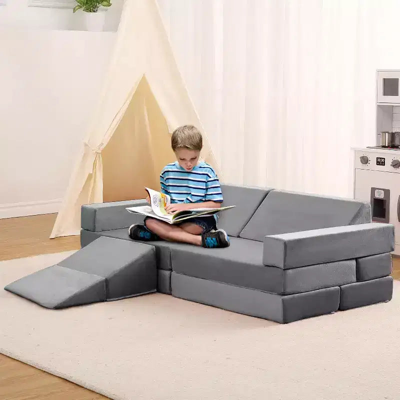 Climbing Indoor Sofa, 12 Pcs Modular Play Couch with Square Ball Pit & Climbing Slope, Cushion Play Set