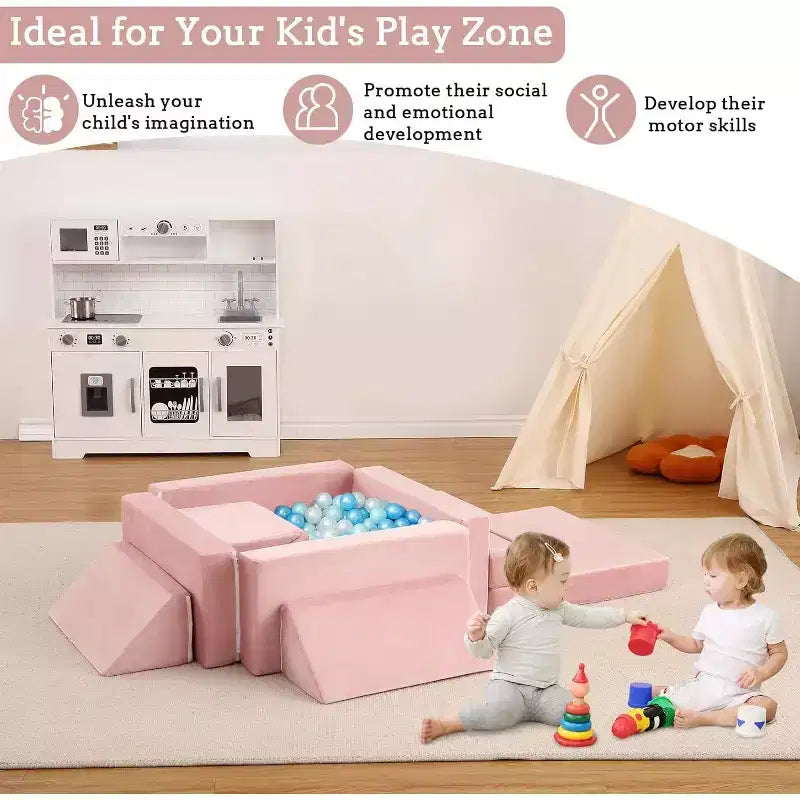 Climbing Indoor Sofa, 12 Pcs Modular Play Couch with Square Ball Pit & Climbing Slope, Cushion Play Set