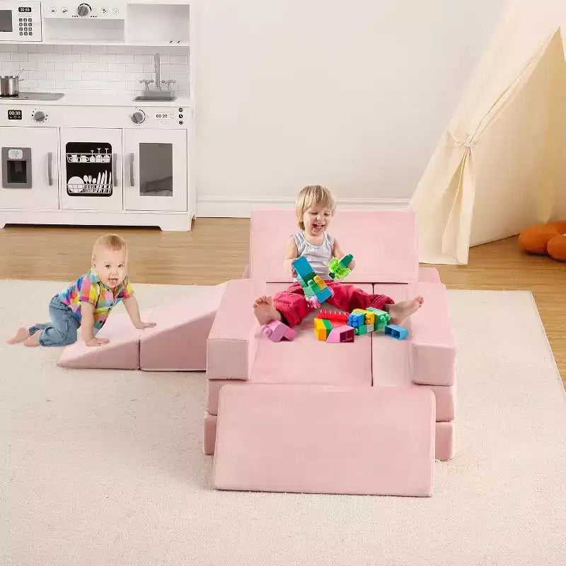 Climbing Indoor Sofa, 12 Pcs Modular Play Couch with Square Ball Pit & Climbing Slope, Cushion Play Set