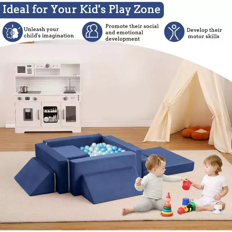 Climbing Indoor Sofa, 12 Pcs Modular Play Couch with Square Ball Pit & Climbing Slope, Cushion Play Set
