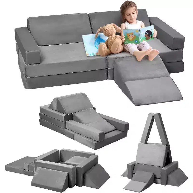 Climbing Indoor Sofa, 12 Pcs Modular Play Couch with Square Ball Pit & Climbing Slope, Cushion Play Set