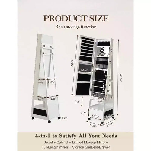 Acekool 360 Swivel Jewelry Armoire Cabinet with Mirror, Lighting & Storage, Matte White Organizer for Bedroom