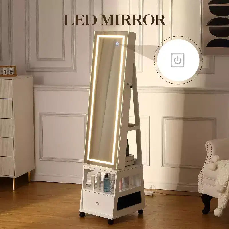 Acekool 360 Swivel Jewelry Armoire Cabinet with Mirror, Lighting & Storage, Matte White Organizer for Bedroom