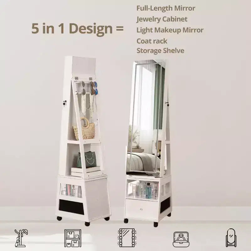 Acekool 360 Swivel Jewelry Armoire Cabinet with Mirror, Lighting & Storage, Matte White Organizer for Bedroom