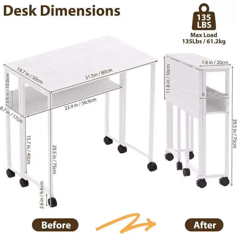 Folding Desk Small Rolling Desk with Storage Shelf,31.5 Inch Foldable Computer Table with Wheels,Portable Office Desk for Small Space Sofa Table