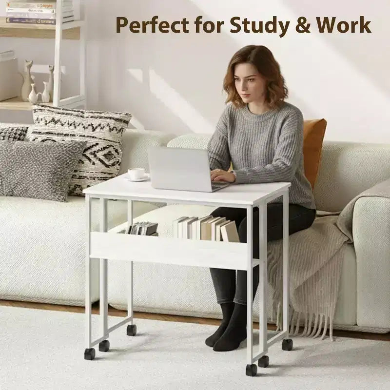 Folding Desk Small Rolling Desk with Storage Shelf,31.5 Inch Foldable Computer Table with Wheels,Portable Office Desk for Small Space Sofa Table