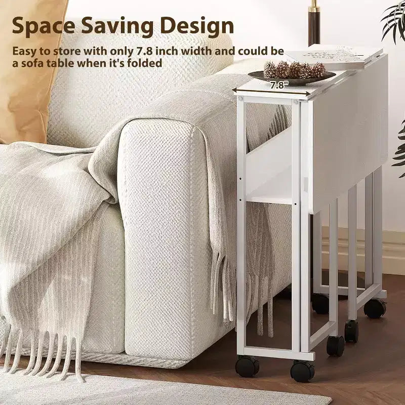 Folding Desk Small Rolling Desk with Storage Shelf,31.5 Inch Foldable Computer Table with Wheels,Portable Office Desk for Small Space Sofa Table