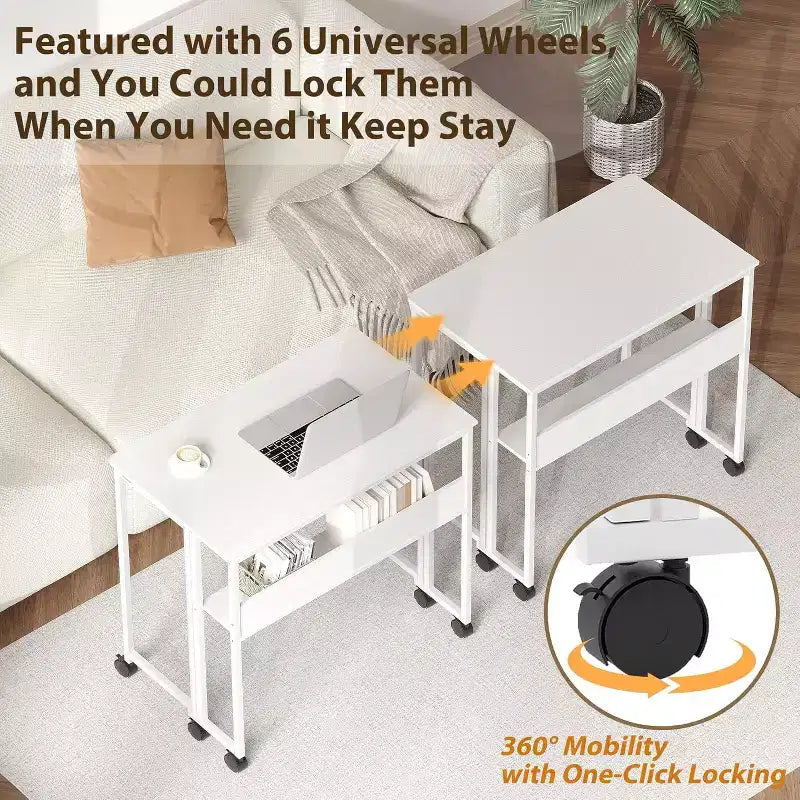 Folding Desk Small Rolling Desk with Storage Shelf,31.5 Inch Foldable Computer Table with Wheels,Portable Office Desk for Small Space Sofa Table