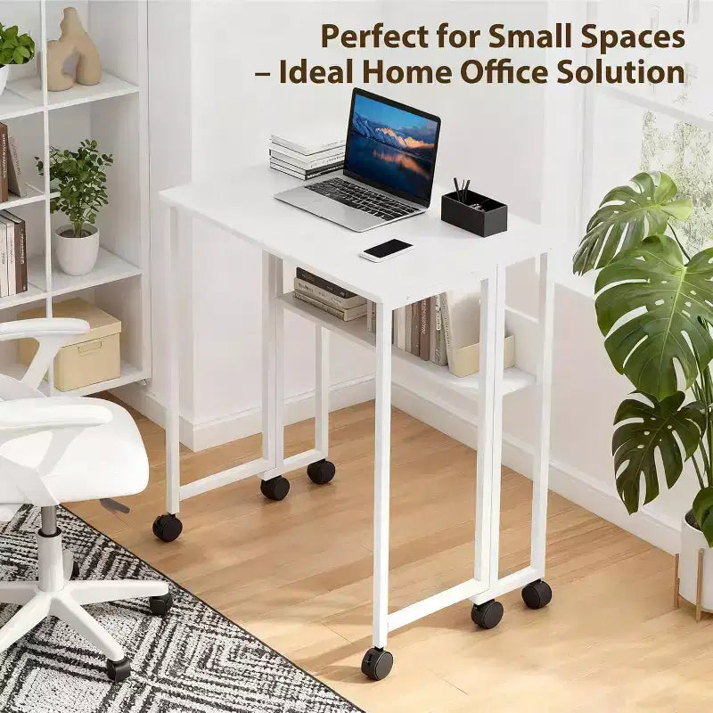 Folding Desk Small Rolling Desk with Storage Shelf,31.5 Inch Foldable Computer Table with Wheels,Portable Office Desk for Small Space Sofa Table