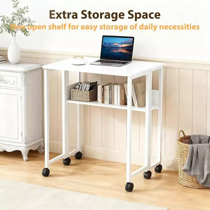 Folding Desk Small Rolling Desk with Storage Shelf,31.5 Inch Foldable Computer Table with Wheels,Portable Office Desk for Small Space Sofa Table
