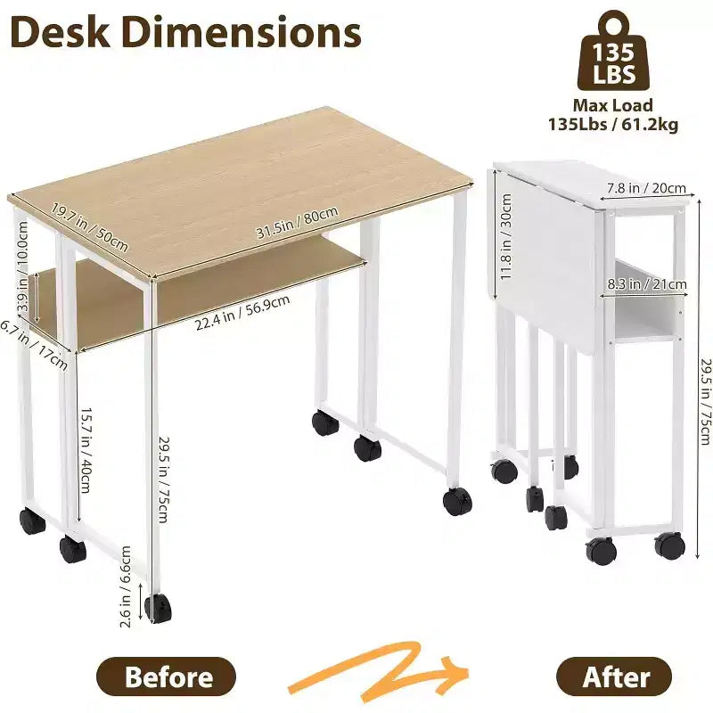 Folding Desk Small Rolling Desk with Storage Shelf,31.5 Inch Foldable Computer Table with Wheels,Portable Office Desk for Small Space Sofa Table