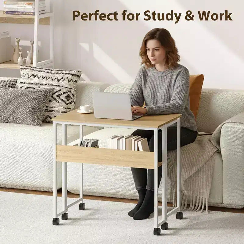 Folding Desk Small Rolling Desk with Storage Shelf,31.5 Inch Foldable Computer Table with Wheels,Portable Office Desk for Small Space Sofa Table