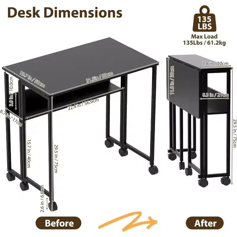 Folding Desk Small Rolling Desk with Storage Shelf,31.5 Inch Foldable Computer Table with Wheels,Portable Office Desk for Small Space Sofa Table
