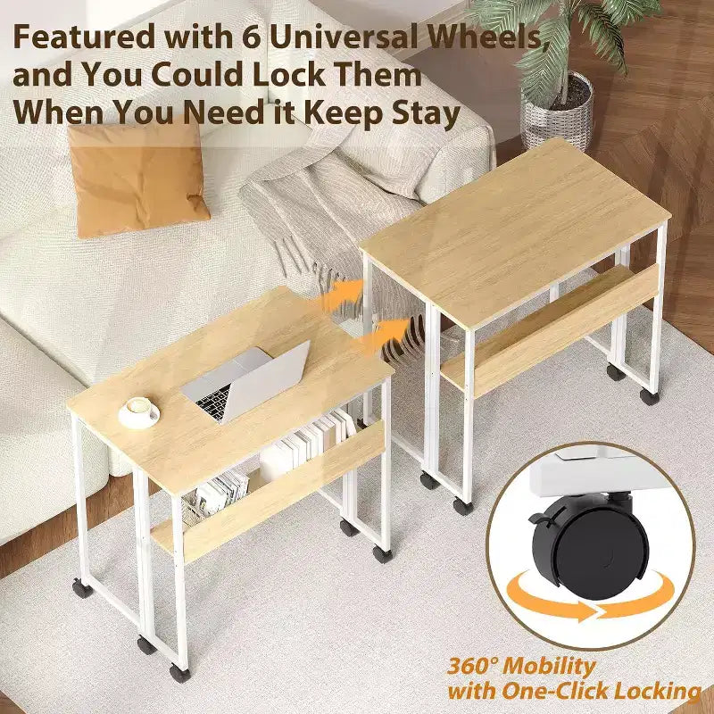 Folding Desk Small Rolling Desk with Storage Shelf,31.5 Inch Foldable Computer Table with Wheels,Portable Office Desk for Small Space Sofa Table