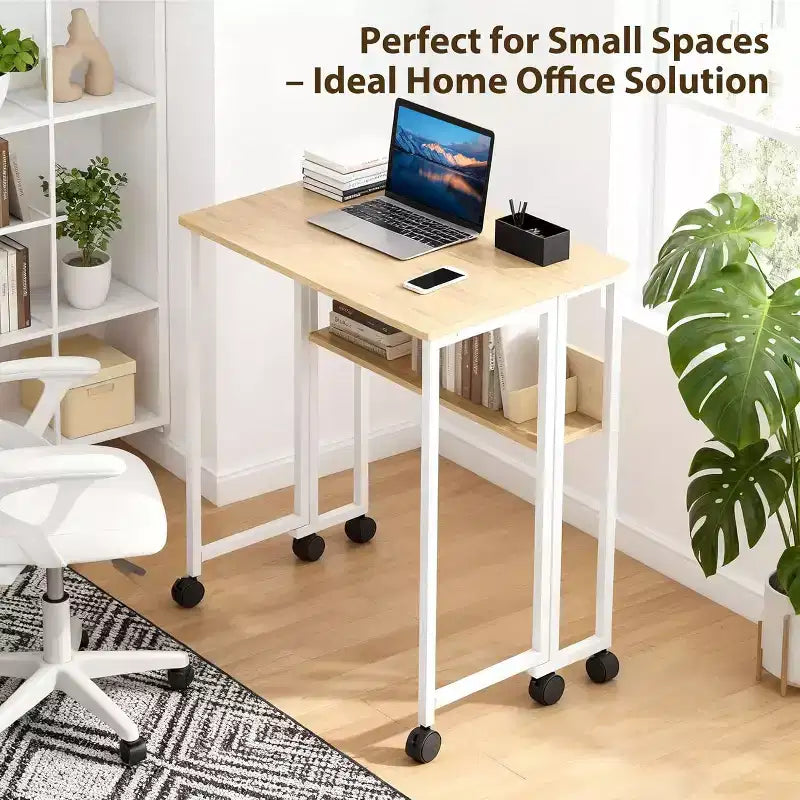 Folding Desk Small Rolling Desk with Storage Shelf,31.5 Inch Foldable Computer Table with Wheels,Portable Office Desk for Small Space Sofa Table
