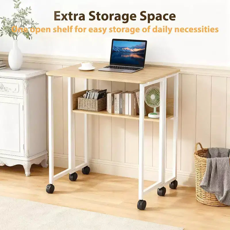Folding Desk Small Rolling Desk with Storage Shelf,31.5 Inch Foldable Computer Table with Wheels,Portable Office Desk for Small Space Sofa Table