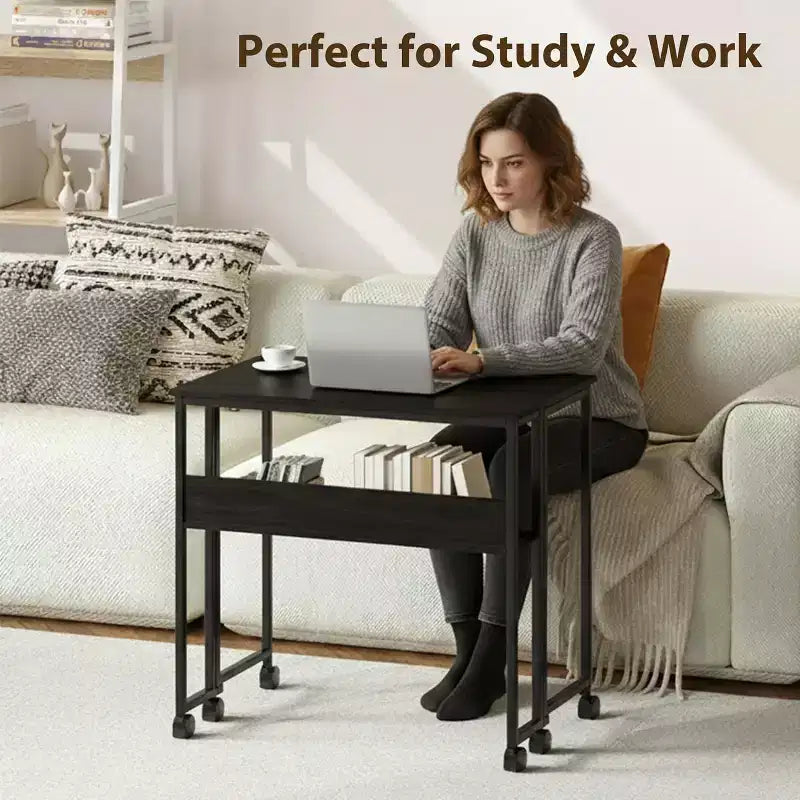 Folding Desk Small Rolling Desk with Storage Shelf,31.5 Inch Foldable Computer Table with Wheels,Portable Office Desk for Small Space Sofa Table