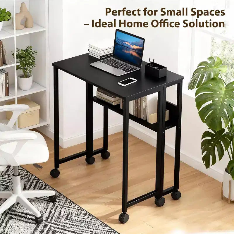 Folding Desk Small Rolling Desk with Storage Shelf,31.5 Inch Foldable Computer Table with Wheels,Portable Office Desk for Small Space Sofa Table