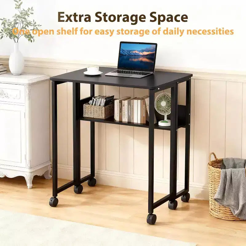 Folding Desk Small Rolling Desk with Storage Shelf,31.5 Inch Foldable Computer Table with Wheels,Portable Office Desk for Small Space Sofa Table