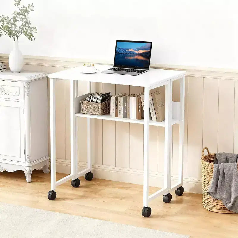 Folding Desk Small Rolling Desk with Storage Shelf,31.5 Inch Foldable Computer Table with Wheels,Portable Office Desk for Small Space Sofa Table