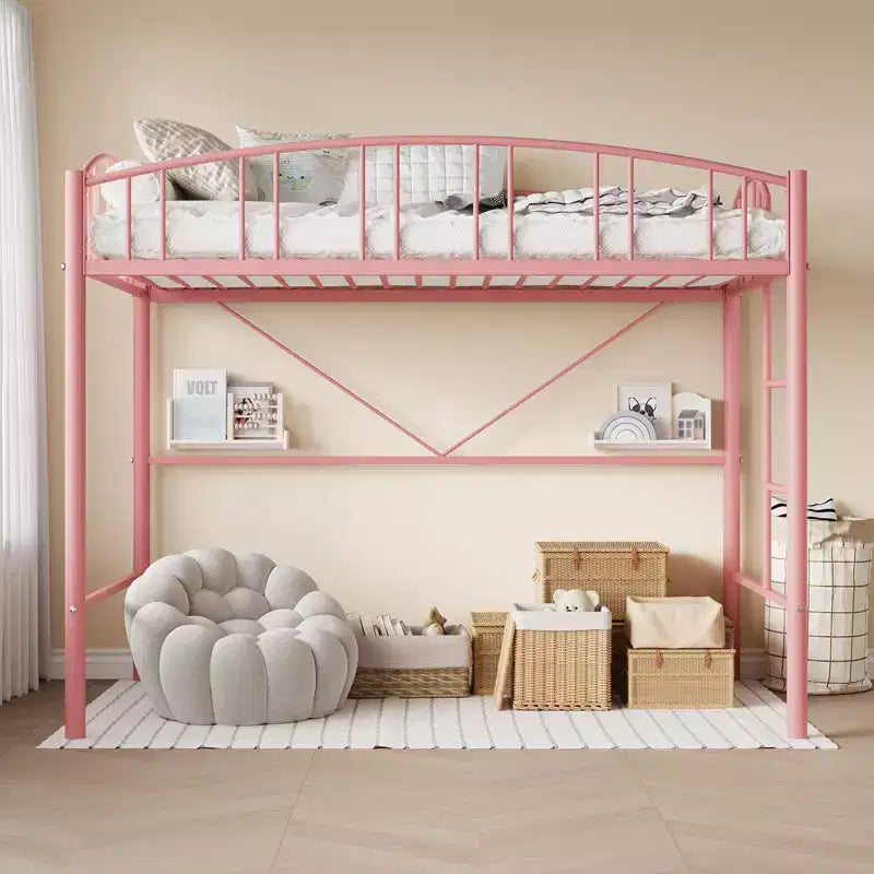Loft Bed Twin Size with Ladde and Arched Guardrail, Heavy Duty Metal Loft Bed Frame for Kids and Adults, Space Saving, No Box Spring Needed, Pink
