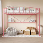 Loft Bed Twin Size with Ladde and Arched Guardrail, Heavy Duty Metal Loft Bed Frame for Kids and Adults, Space Saving, No Box Spring Needed, Pink