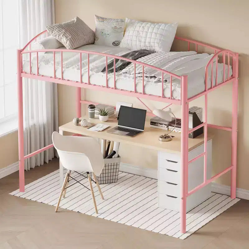Loft Bed Twin Size with Ladde and Arched Guardrail, Heavy Duty Metal Loft Bed Frame for Kids and Adults, Space Saving, No Box Spring Needed, Pink