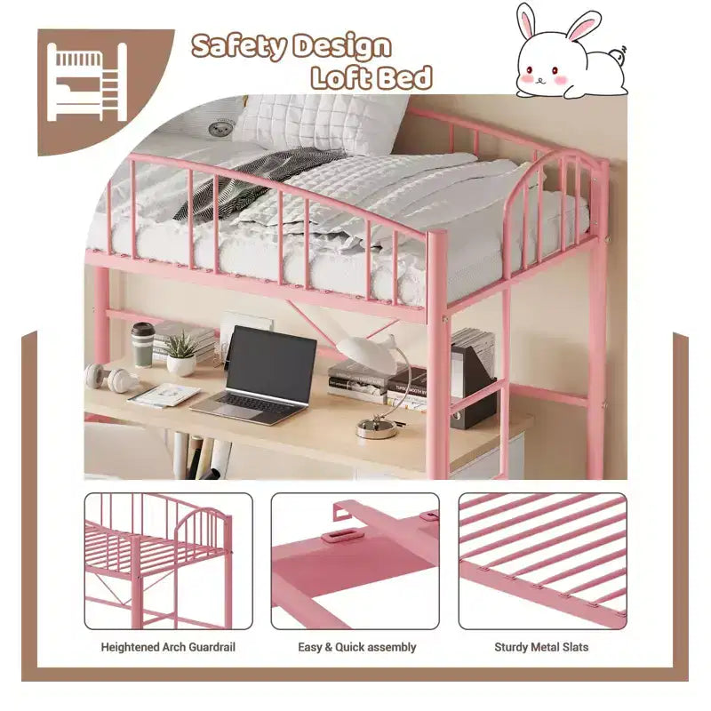 Loft Bed Twin Size with Ladde and Arched Guardrail, Heavy Duty Metal Loft Bed Frame for Kids and Adults, Space Saving, No Box Spring Needed, Pink
