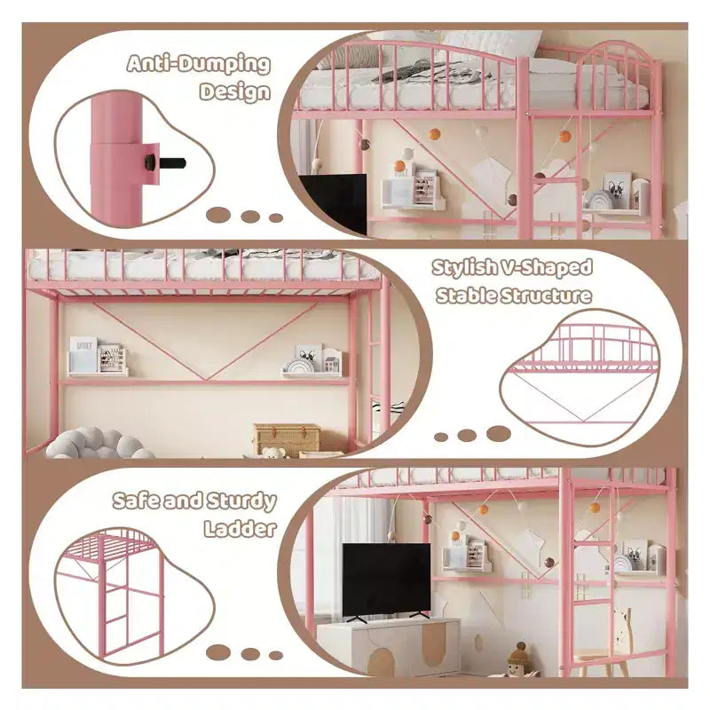 Loft Bed Twin Size with Ladde and Arched Guardrail, Heavy Duty Metal Loft Bed Frame for Kids and Adults, Space Saving, No Box Spring Needed, Pink
