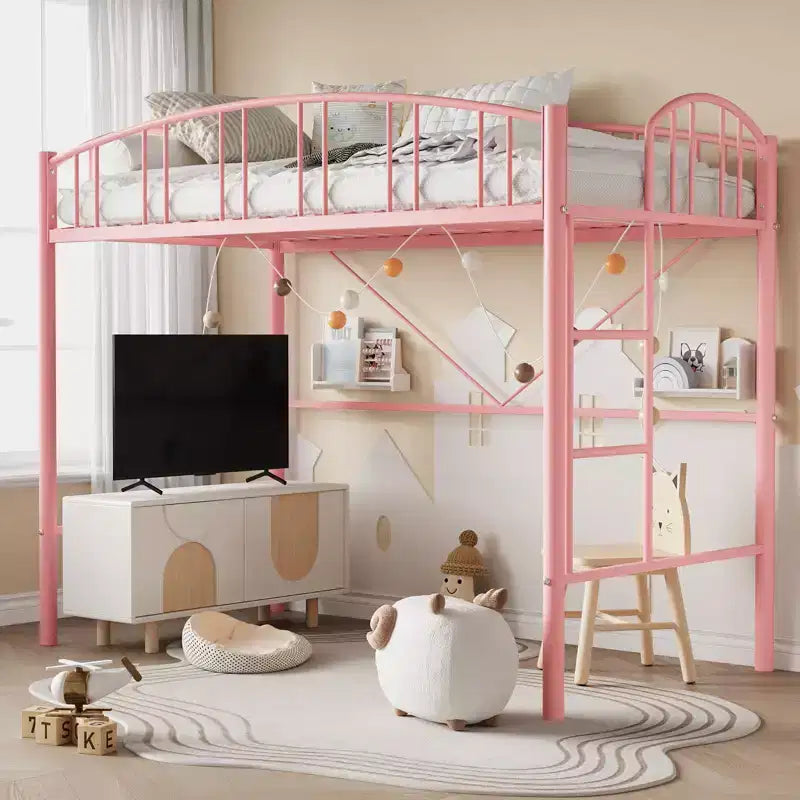 Loft Bed Twin Size with Ladde and Arched Guardrail, Heavy Duty Metal Loft Bed Frame for Kids and Adults, Space Saving, No Box Spring Needed, Pink
