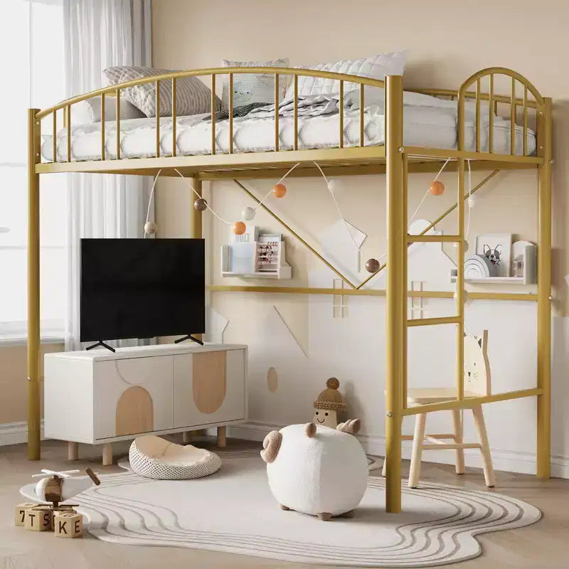Loft Bed Twin Size with Ladde and Arched Guardrail, Heavy Duty Metal Loft Bed Frame for Kids and Adults, Space Saving, No Box Spring Needed, Pink