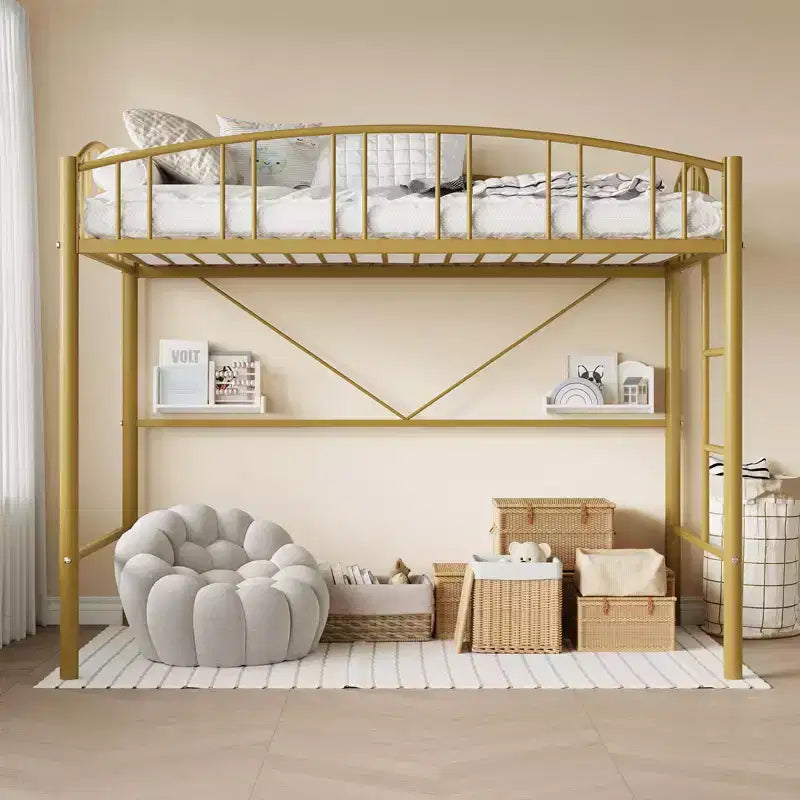 Loft Bed Twin Size with Ladde and Arched Guardrail, Heavy Duty Metal Loft Bed Frame for Kids and Adults, Space Saving, No Box Spring Needed, Pink
