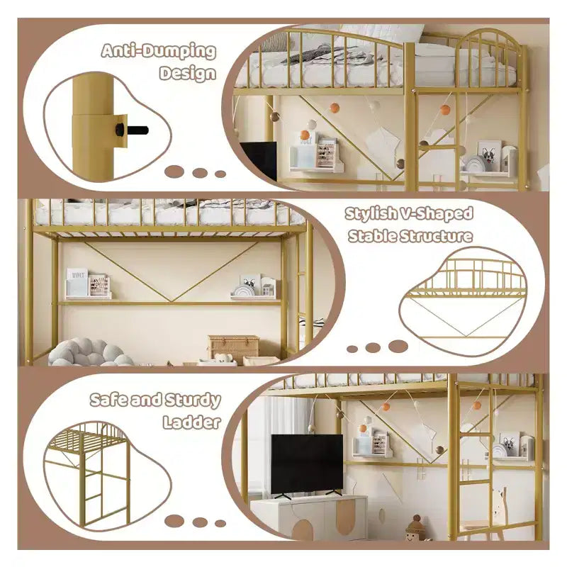 Loft Bed Twin Size with Ladde and Arched Guardrail, Heavy Duty Metal Loft Bed Frame for Kids and Adults, Space Saving, No Box Spring Needed, Pink