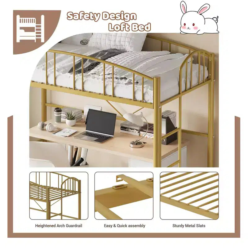 Loft Bed Twin Size with Ladde and Arched Guardrail, Heavy Duty Metal Loft Bed Frame for Kids and Adults, Space Saving, No Box Spring Needed, Pink