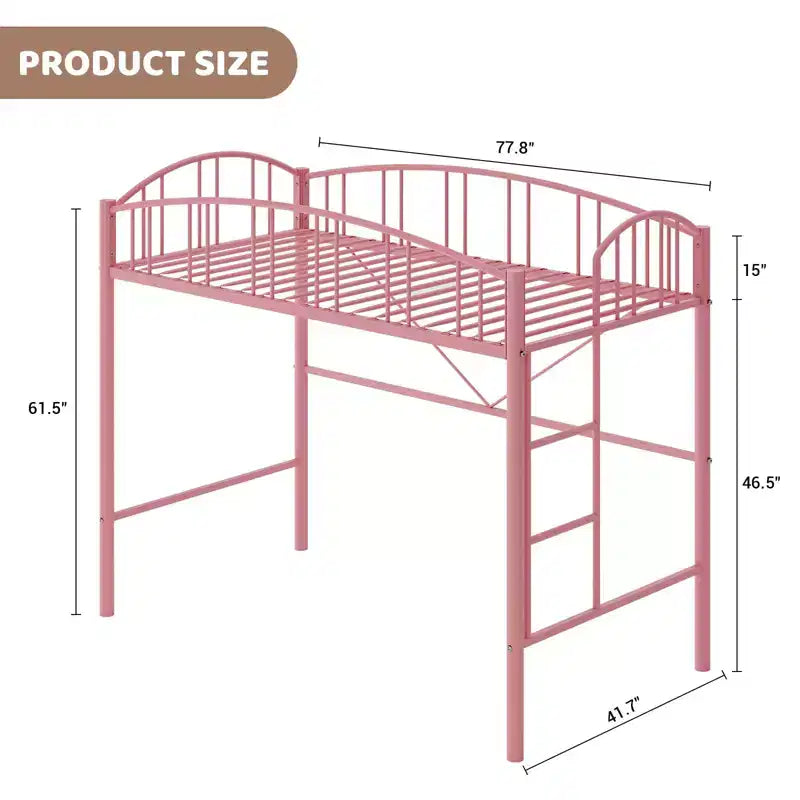 Loft Bed Twin Size with Ladde and Arched Guardrail, Heavy Duty Metal Loft Bed Frame for Kids and Adults, Space Saving, No Box Spring Needed, Pink
