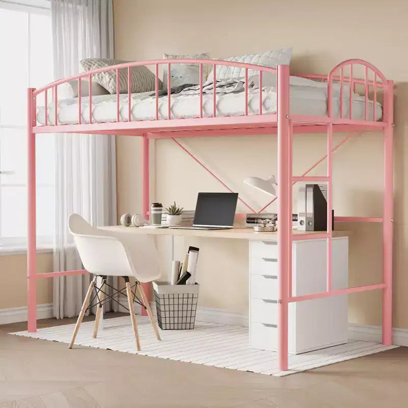 Loft Bed Twin Size with Ladde and Arched Guardrail, Heavy Duty Metal Loft Bed Frame for Kids and Adults, Space Saving, No Box Spring Needed, Pink