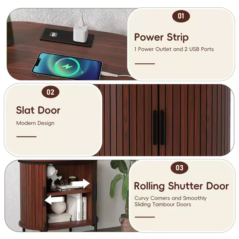Bestier Mid-Century Modern Sideboard with Sliding Slat Doors, Built-In Power Outlet & USB Ports