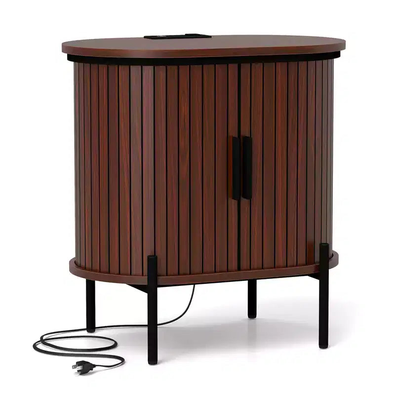 Bestier Mid-Century Modern Sideboard with Sliding Slat Doors, Built-In Power Outlet & USB Ports