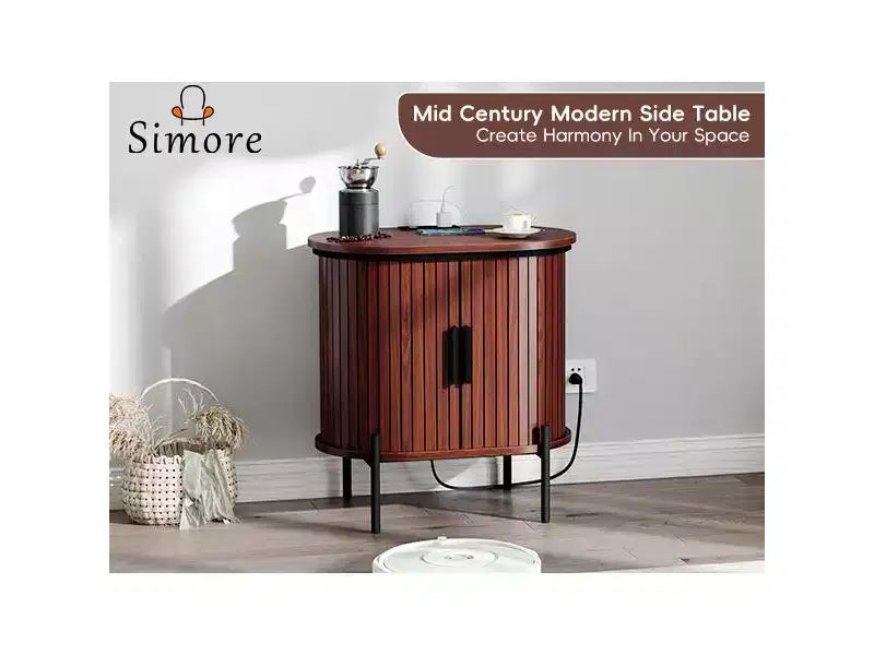Bestier Mid-Century Modern Sideboard with Sliding Slat Doors, Built-In Power Outlet & USB Ports