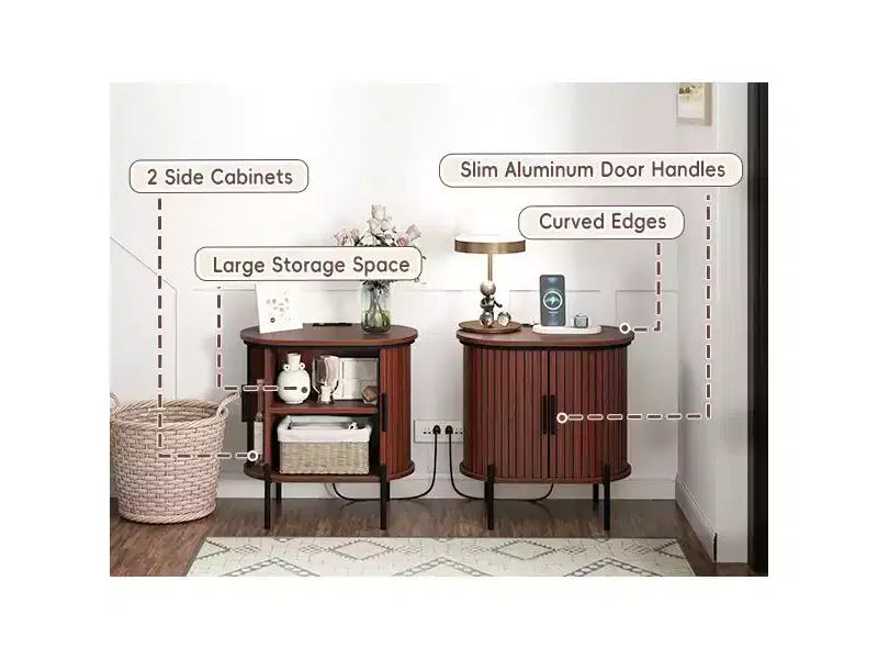 Bestier Mid-Century Modern Sideboard with Sliding Slat Doors, Built-In Power Outlet & USB Ports