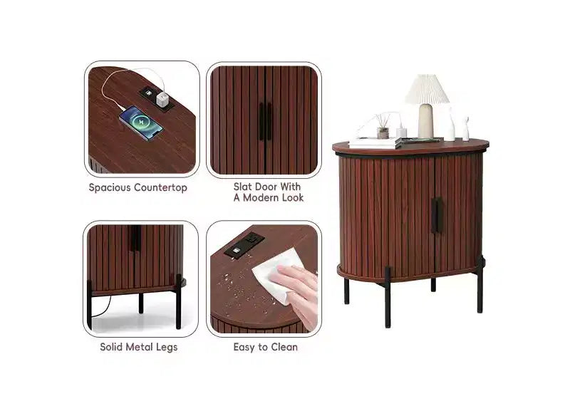Bestier Mid-Century Modern Sideboard with Sliding Slat Doors, Built-In Power Outlet & USB Ports