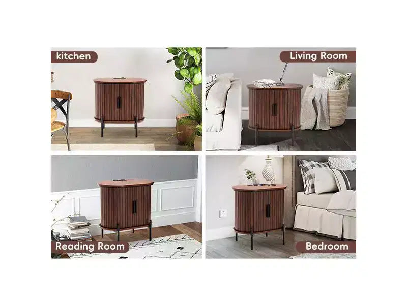 Bestier Mid-Century Modern Sideboard with Sliding Slat Doors, Built-In Power Outlet & USB Ports