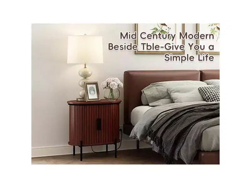 Bestier Mid-Century Modern Sideboard with Sliding Slat Doors, Built-In Power Outlet & USB Ports