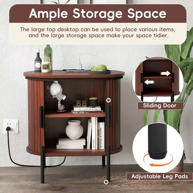 Bestier Mid-Century Modern Sideboard with Sliding Slat Doors, Built-In Power Outlet & USB Ports