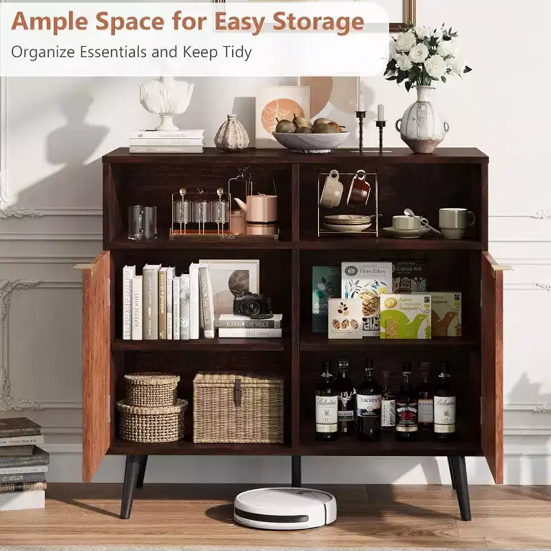Kitchen Buffet Storage Cabinet with Barn Doors, 31.5 Farmhouse Rustic Wooden Sideboard Buffet with Storage Open Compartments for Entry, Living Room